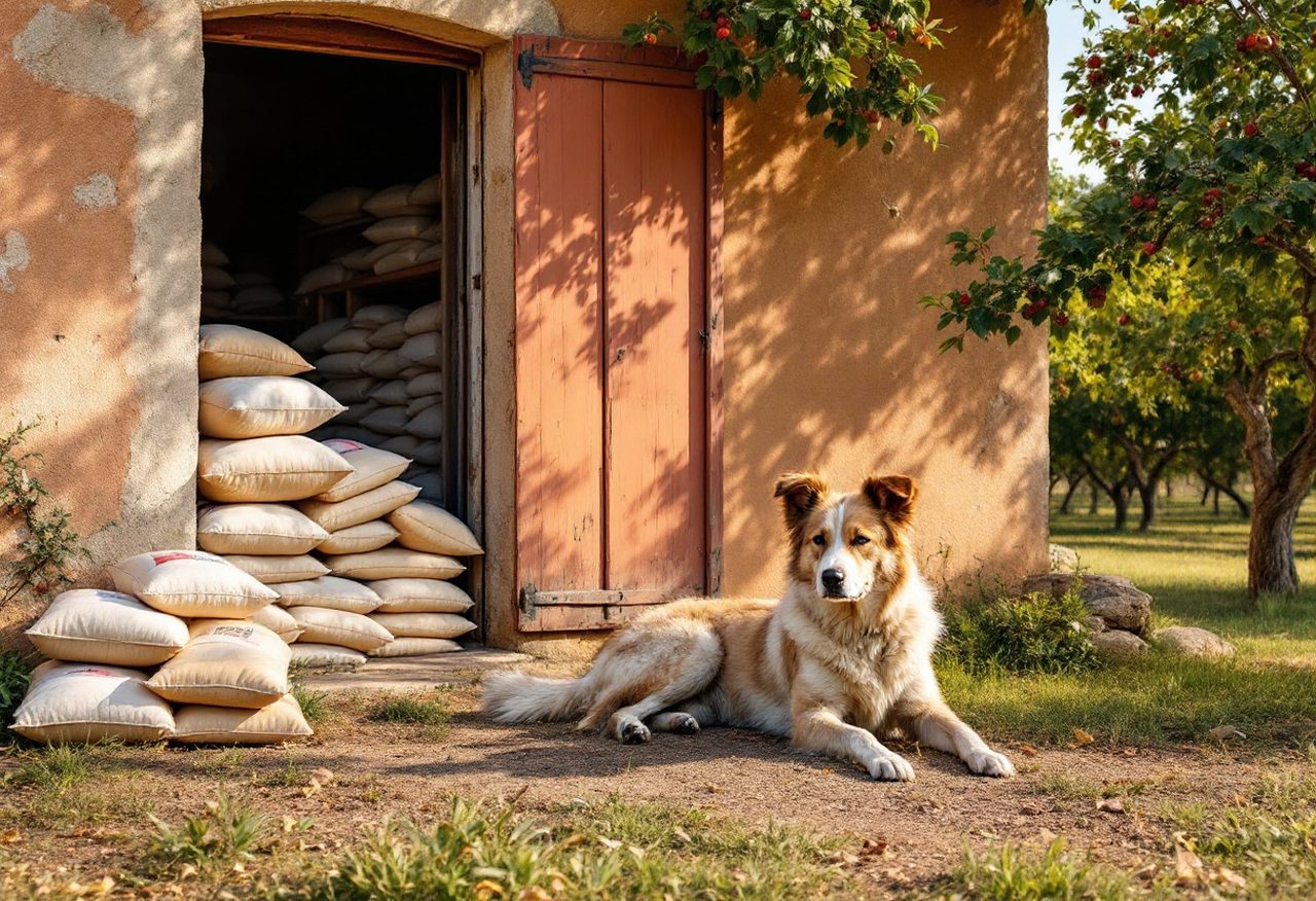 Chien de ferme couché devant un mas aux murs ocre, sacs d'aliments près de la porte